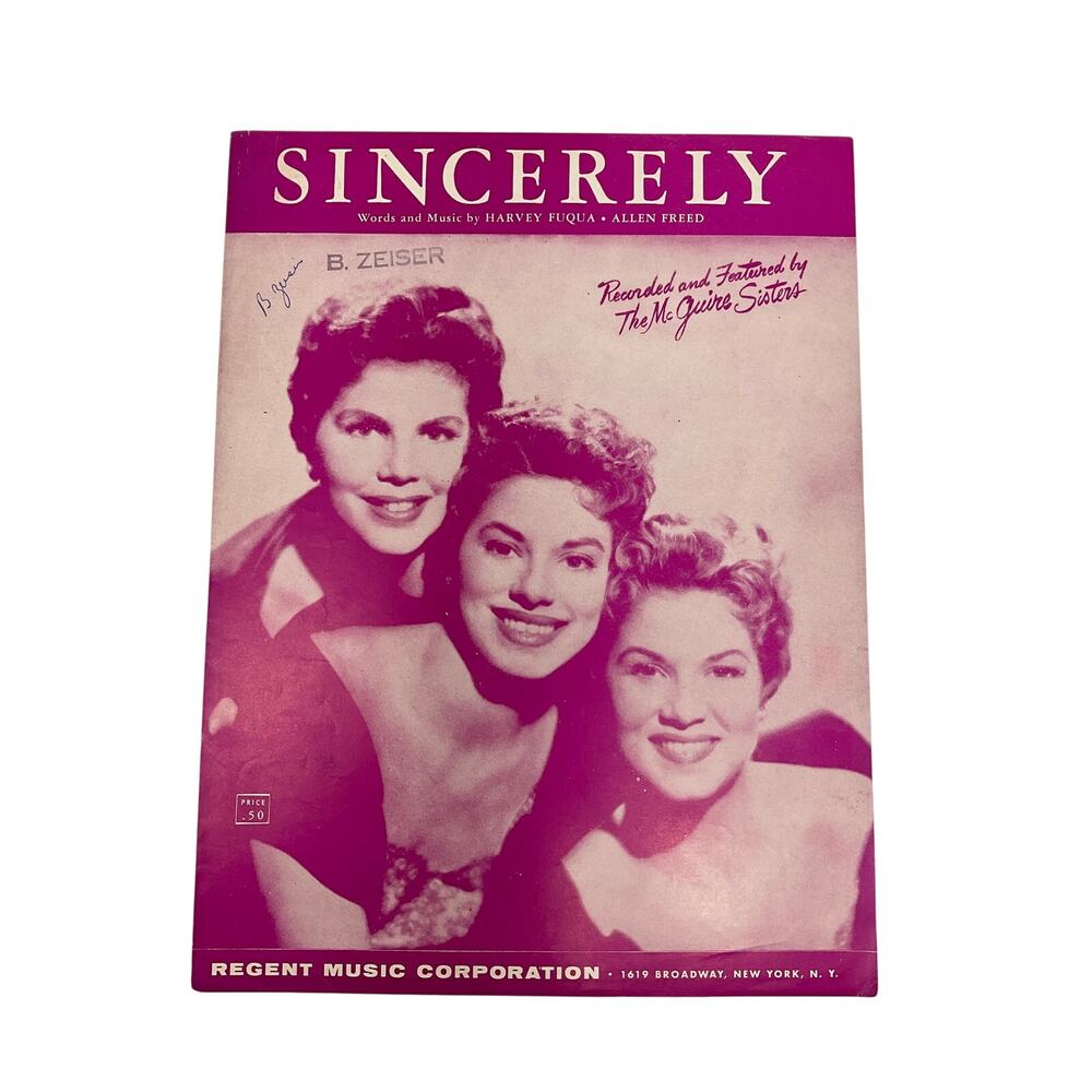 Sincerely Sheet‎ Music 1954 The McGuire Sisters Harvey Fugua Allen Freed